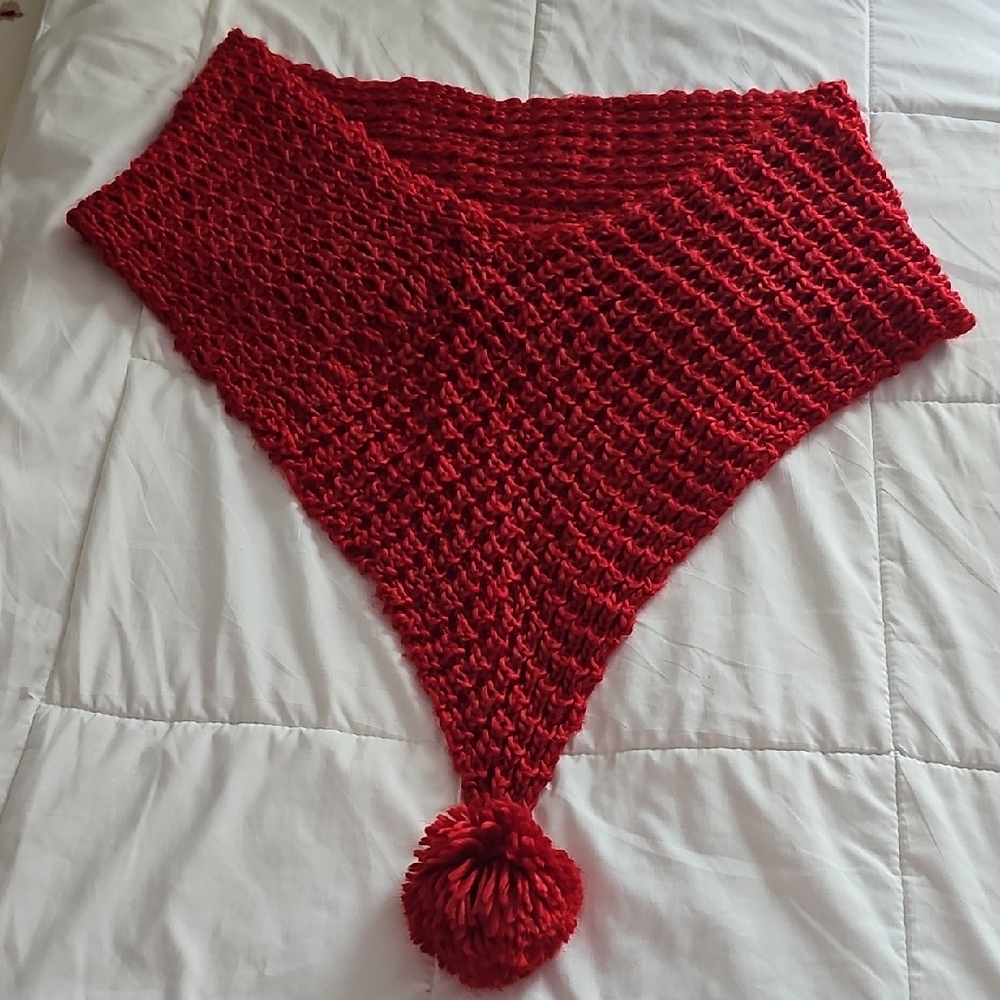 Cozy Red Knit Scarf with Pom Pom, Perfect For The Holidays